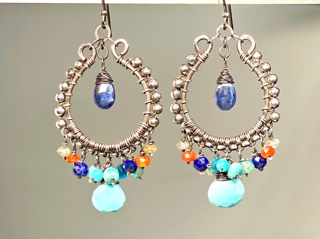 Sleeping Beauty Turquoise Chandelier Earrings, Multi Gemstone, Oxidized Sterling Silver, Handmade