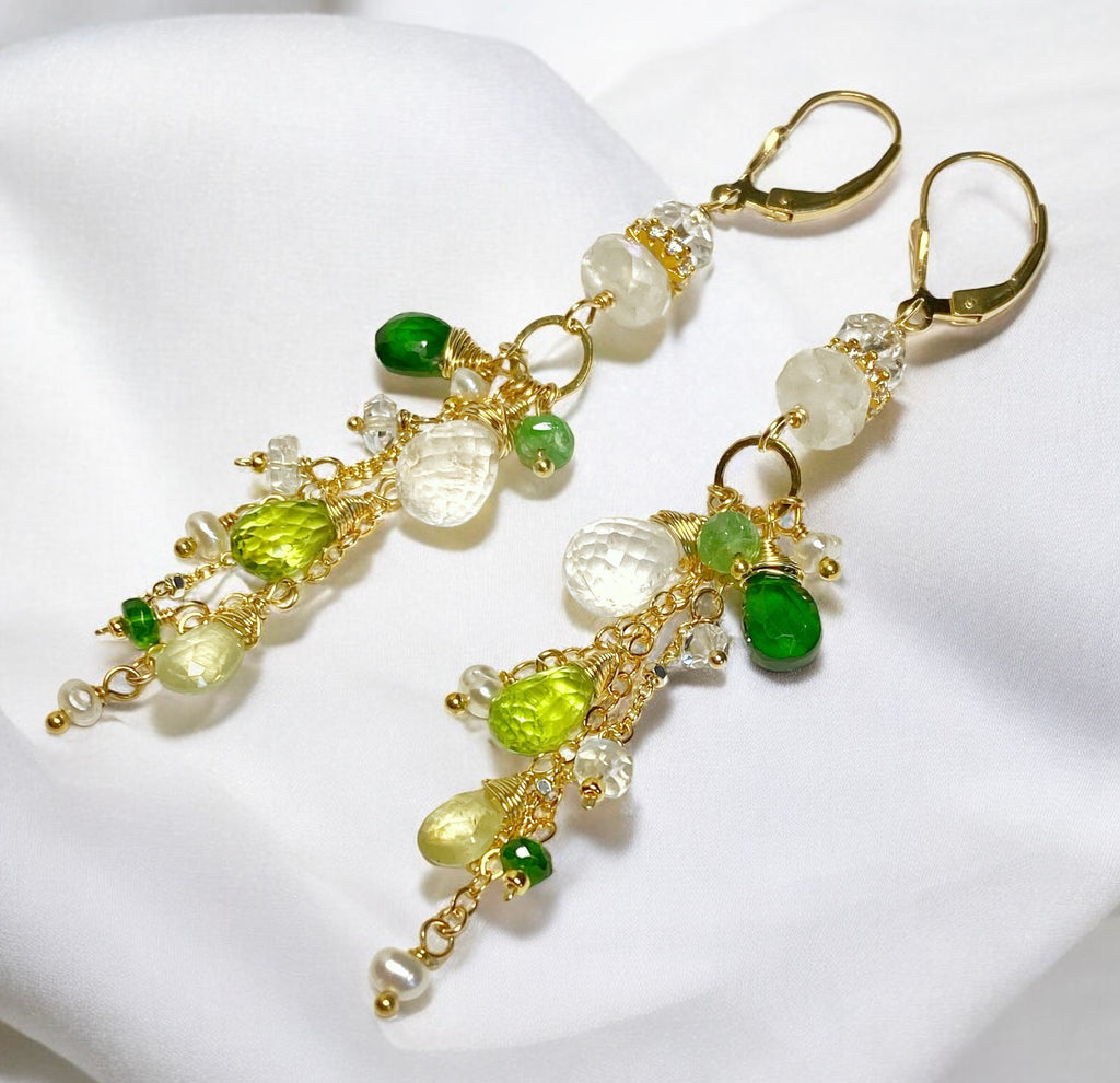 Green Gemstone Boho Dangle Earrings Peridot Chrome Diopside Tsavorite Gold 2