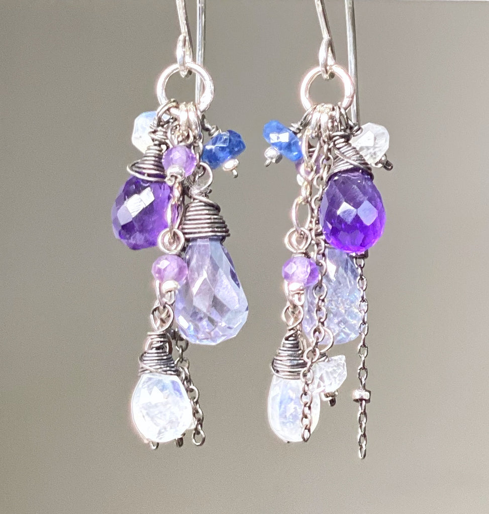 Blue Violet Boho Dangle Earrings Amethyst, Blue Denim Quartz, Oxidized Sterling Silver