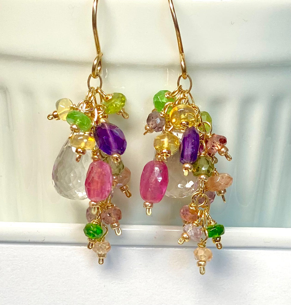 Crystal Quartz Dangle Earrings with Multi Gemstone Cluster in Gold Fill, 12