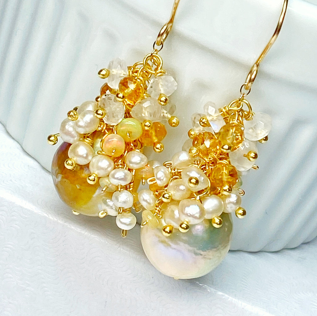 Baroque Pond Slime Pearl Cluster Earring with Citrine, Opal, Moonstone