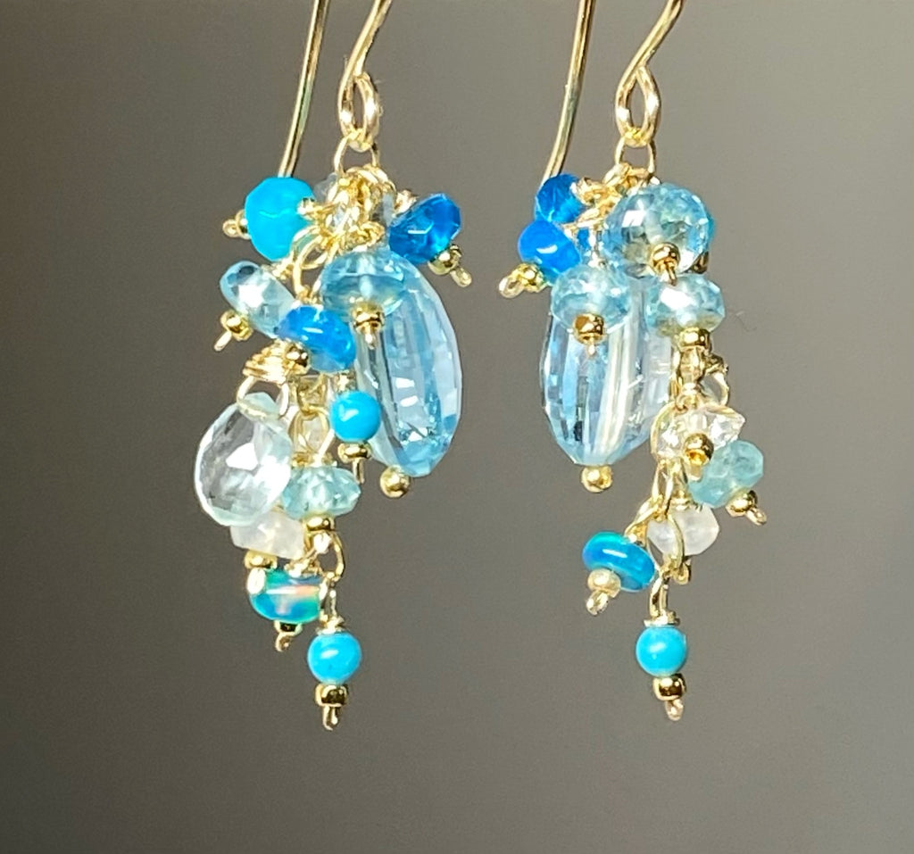 Blue Topaz Dangle Earrings with Multi Gemstone Cluster, Opal, Apatite, Herkimer Diamonds