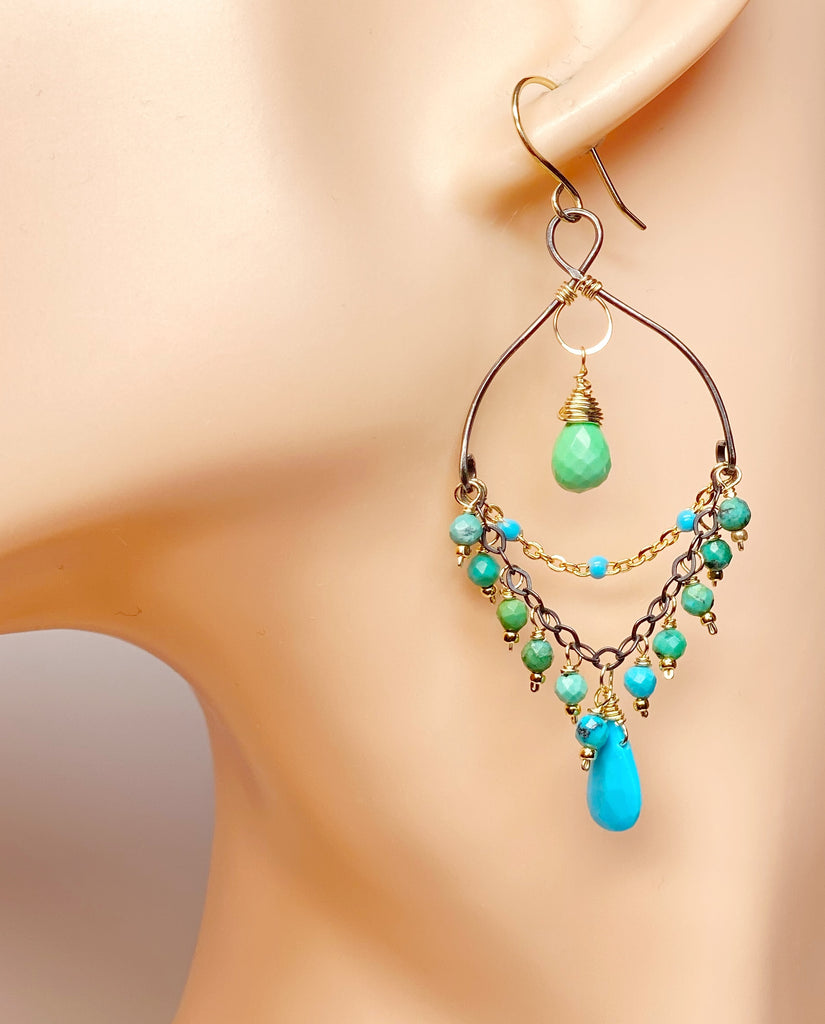 Turquoise Gemstone Mixed Metal Chandelier Earrings