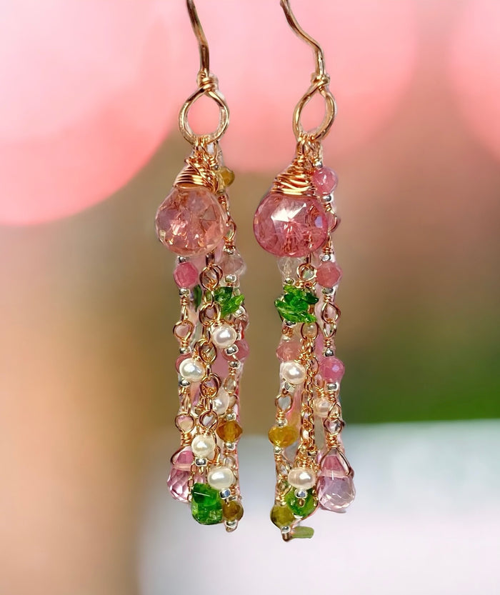Pink Tourmaline Gemstone Rose Gold Long Dangle Earrings 2