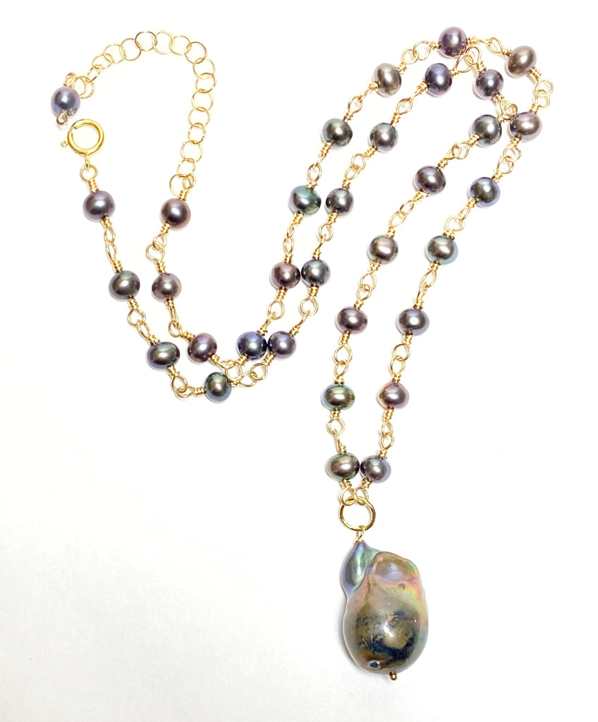 Dainty Black Baroque Peacock Pearl Pendant Necklace 14 kt Gold Fill