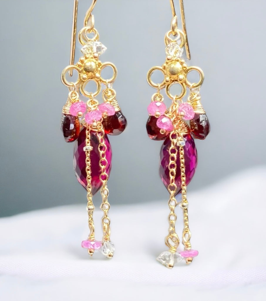 Magenta Hot Pink Red Chandelier Earrings Gold with Pink Sapphire