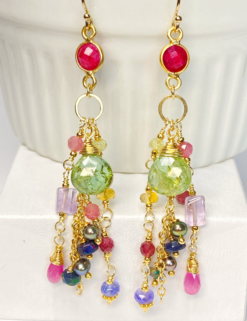 Green Tourmaline Colorful Gemstone Dangle Earrings in  Gold Fill