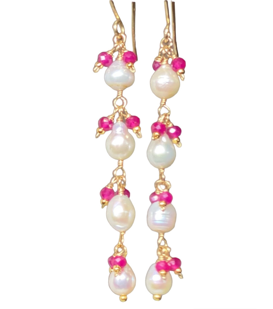 Ruby and Pearl Long Dainty Earrings Gold Fill