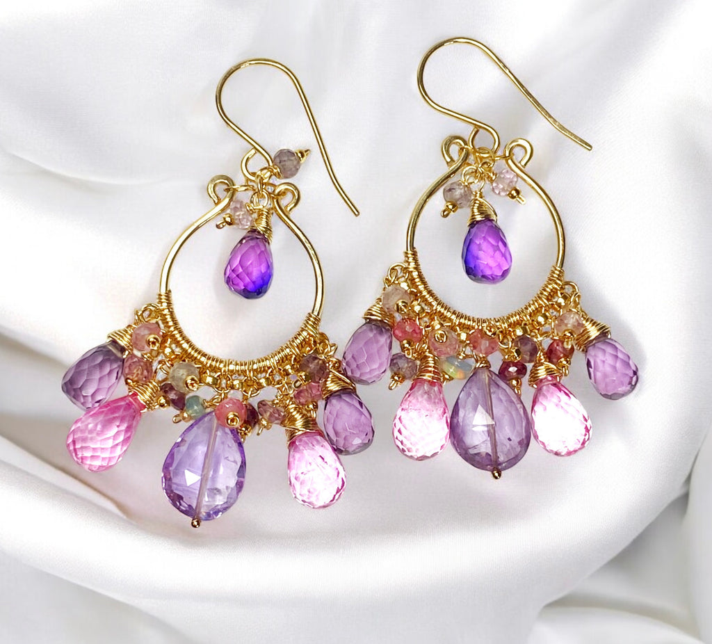 Gemstone Statement Chandelier Earrings in Pink, Lavender, Violet 2