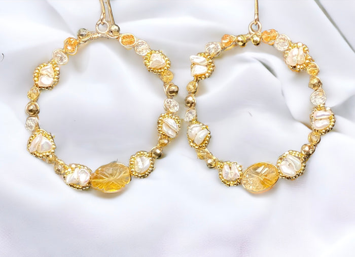 Citrine Gemstone Gold Hoop Earrings Wire Wrapped