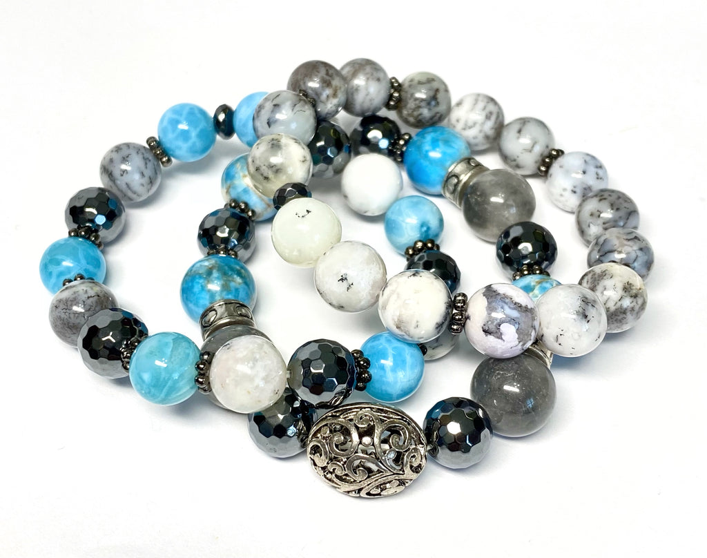 Dendritic Opal Blue Grey Silver Boho Stretch Bracelet Stacking Set of 3