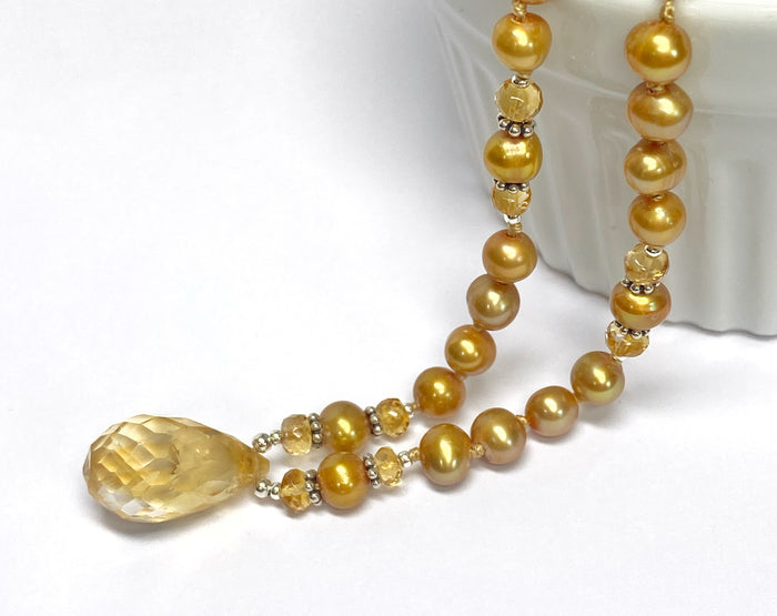 Citrine Gemstone and Pearl Pendant Necklace Sterling Silver