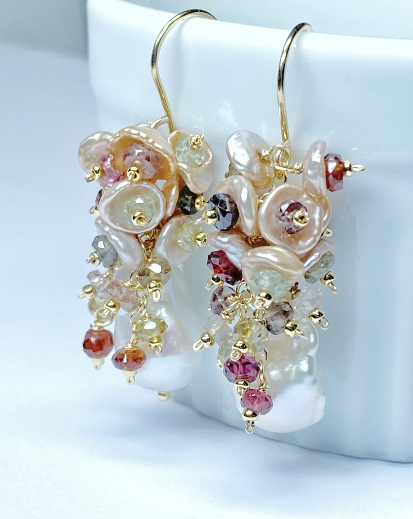 Baroque Flameball Pearl Earrings with Keishi Pearls and Sapphires