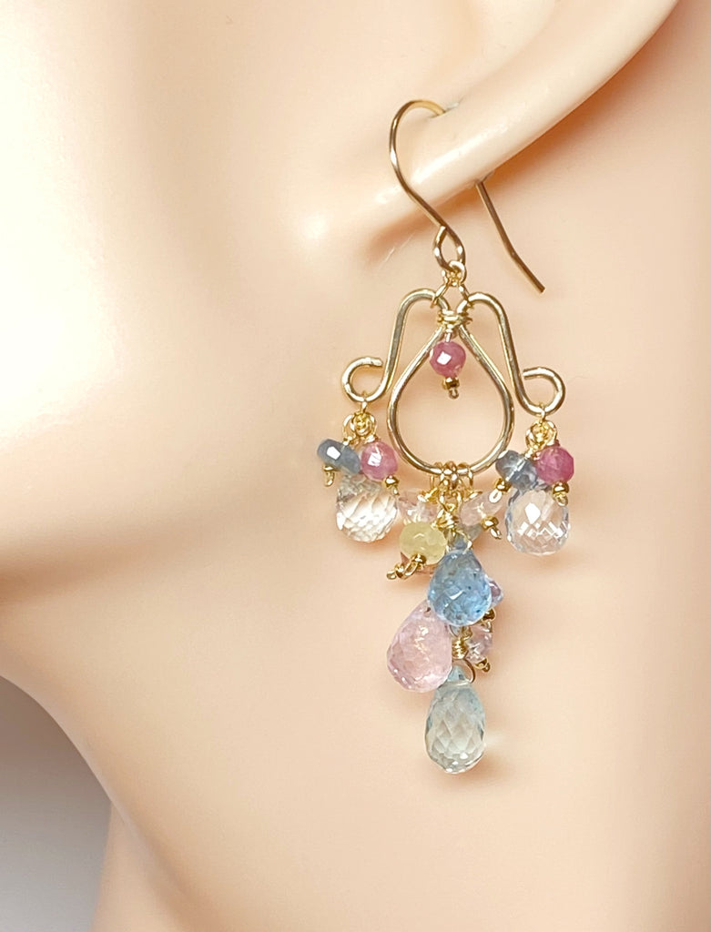 Gemstone Dangle Chandelier Earrings with Aquamarine in Gold Fill