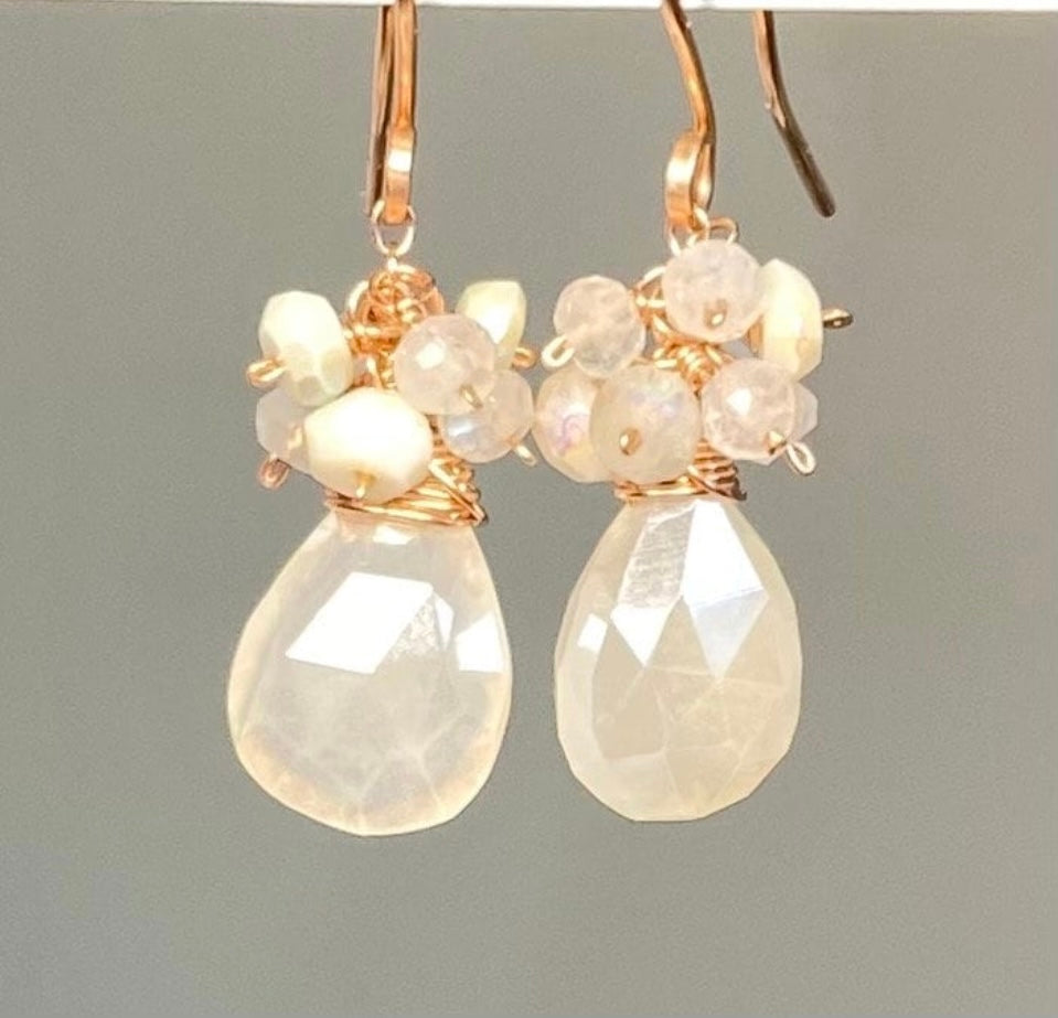 Mystic Ivory Chalcedony Cluster Earrings Rose Gold