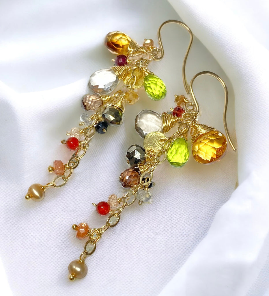 Citrine and Multi Gem Stone Dangle Earrings, Gold Chain Tassel with Peridot