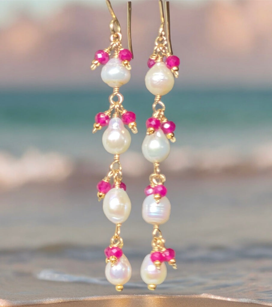 Ruby and Pearl Long Dainty Earrings Gold Fill