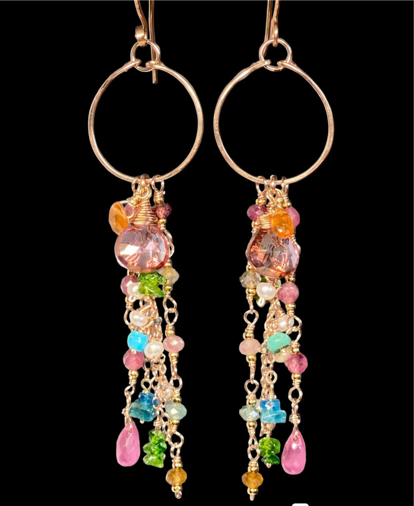 Mystic Pink Topaz Multicolor Gemstone Long Boho Dangle Earrings Rose Gold