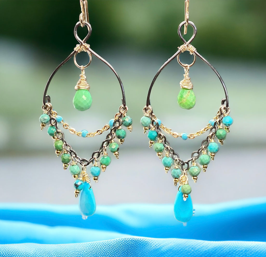 turquoise gemstone mixed metal chandelier earrings