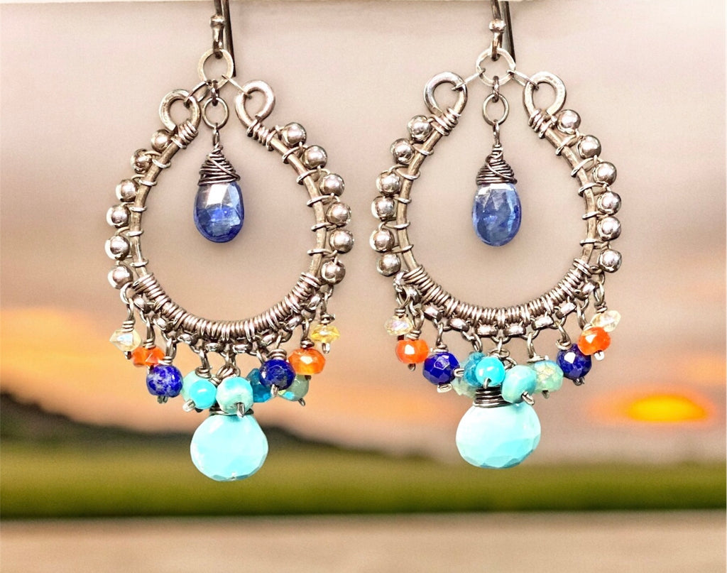 Sleeping Beauty Turquoise Chandelier Earrings, Multi Gemstone, Oxidized Sterling Silver, Handmade