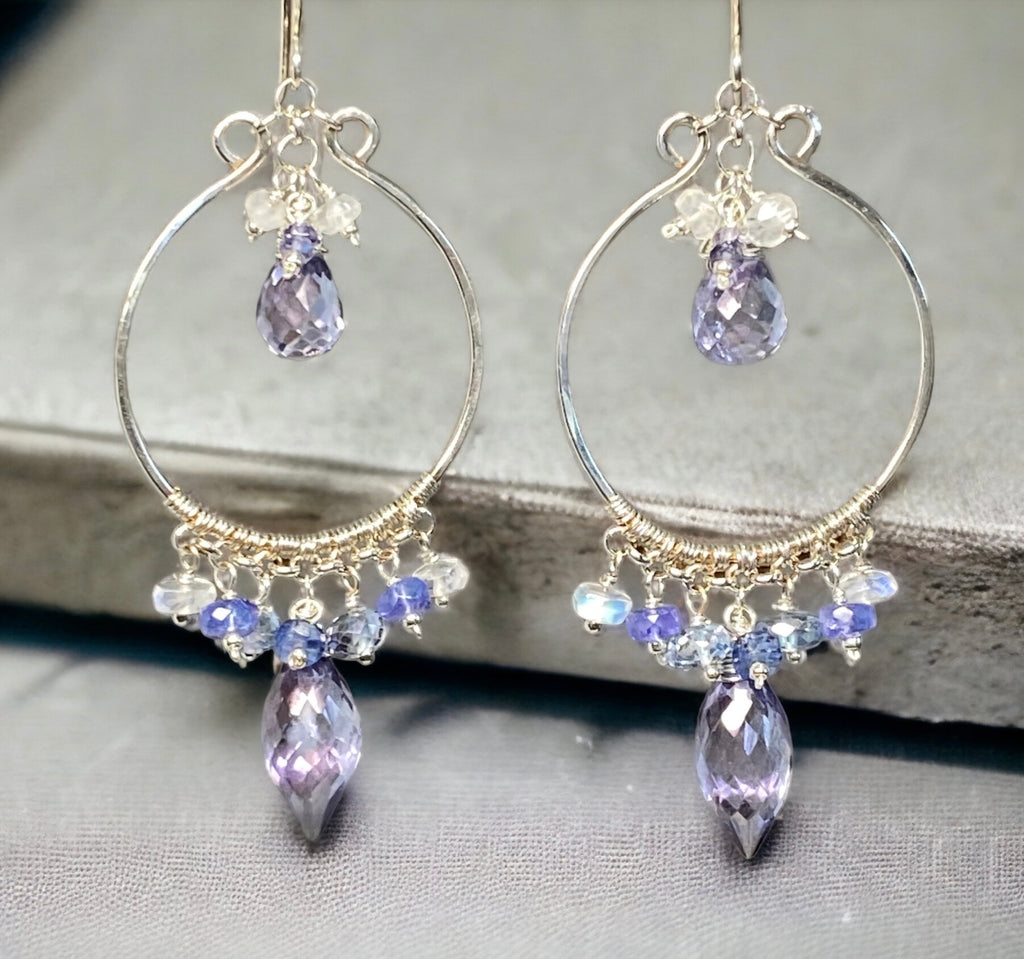 Sterling silver handmade hoop chandelier earrings with blue violet quartz, moonstone, tanzanite, blue topaz, kyanite boho style