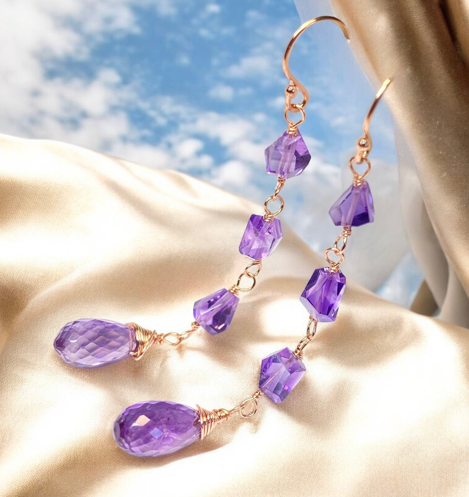 Amethyst Gemstone Nugget Dangle Earrings Rose Gold Fill 2