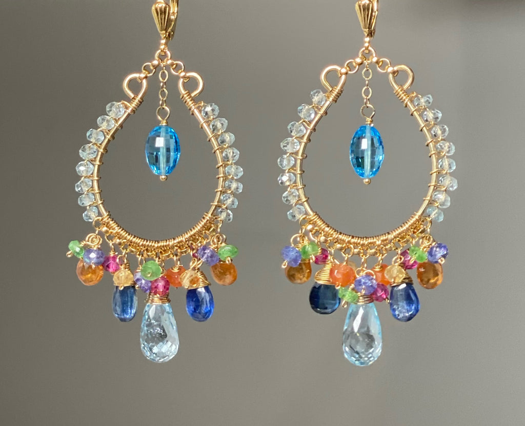 handmade gold filled chandelier earrings with genuine gemstones of blue topaz, mandarin garnet, kyanite and many more
