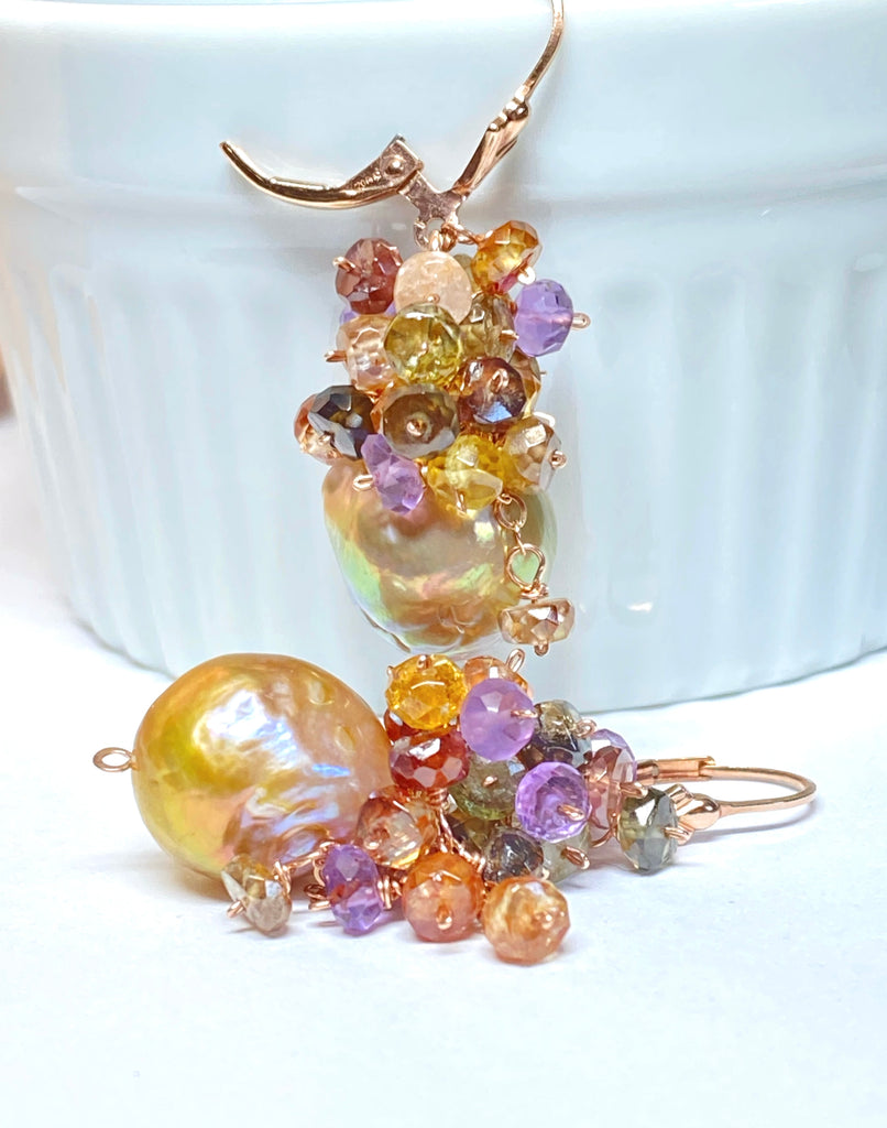 Multi Gemstone Cluster and Pond Slime Gold White Pearl Earrings Rose Gold