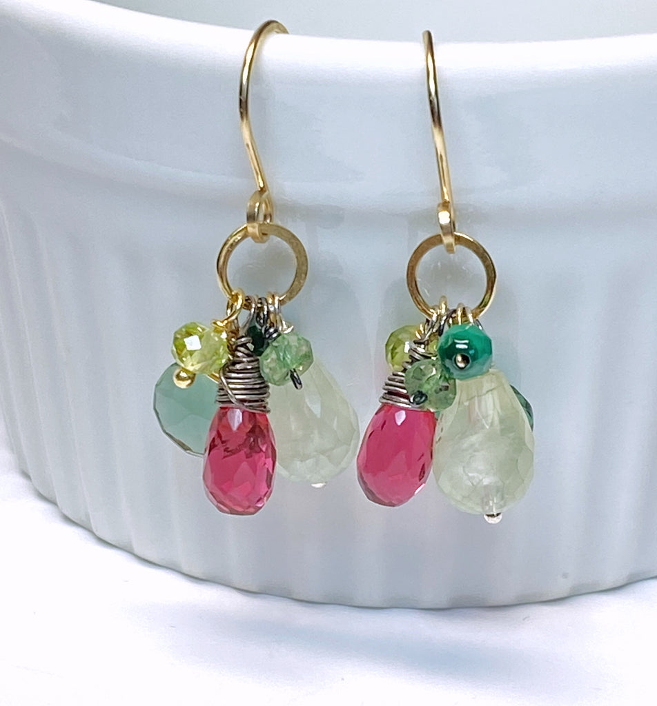 Pink Green Gemstone Dangle Earrings in Gold Fill