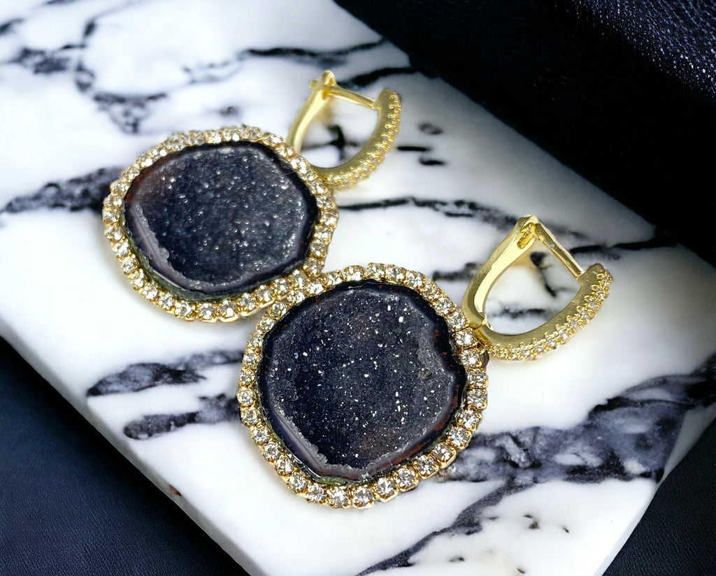 Black Tabasco Geode Earrings Diamond Style Statement Earrings