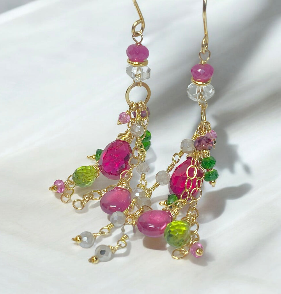 Long Gemstone Dangle Earrings - Pink Sapphire, Peridot, Ruby, Gold Fill