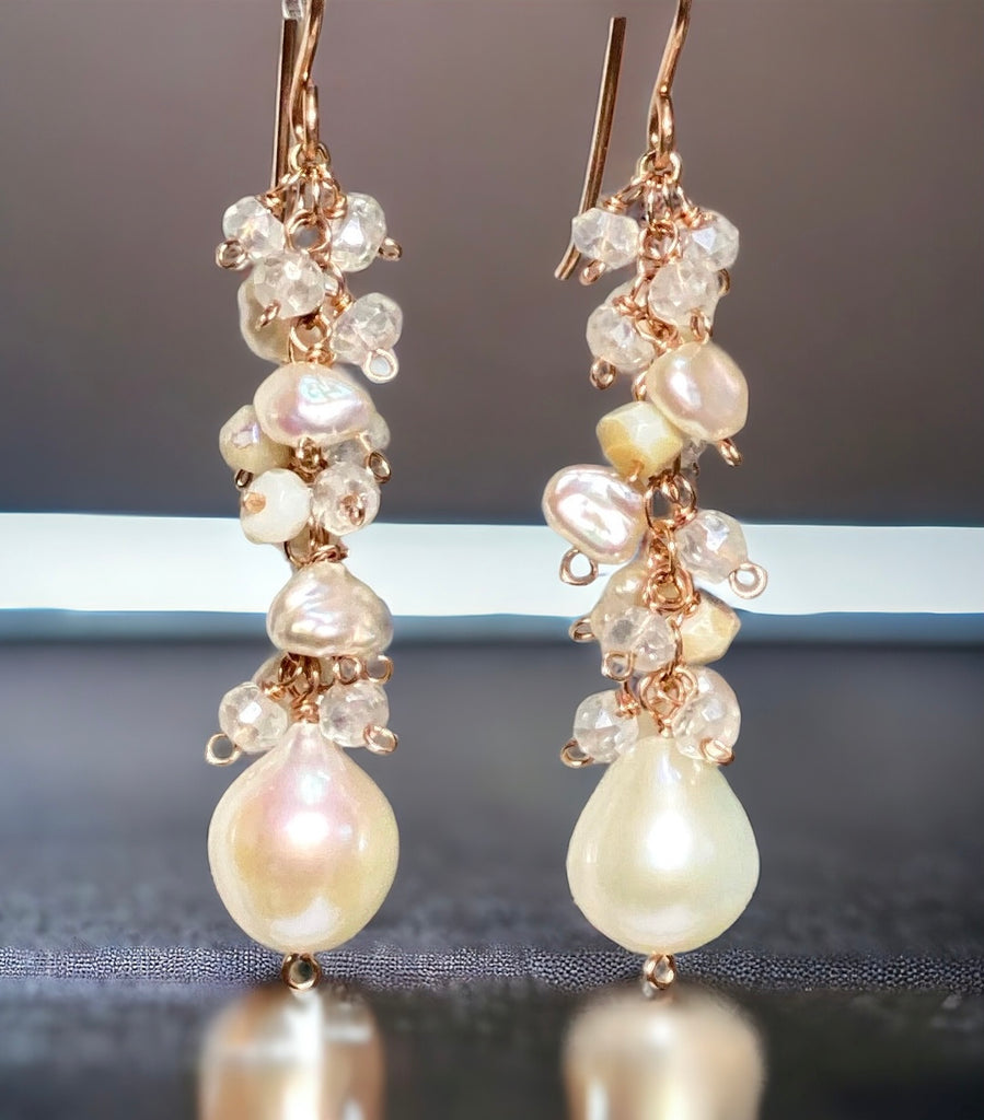 Rose Gold Long Dangle Earrings Keishi Pearl Mystic Quartz