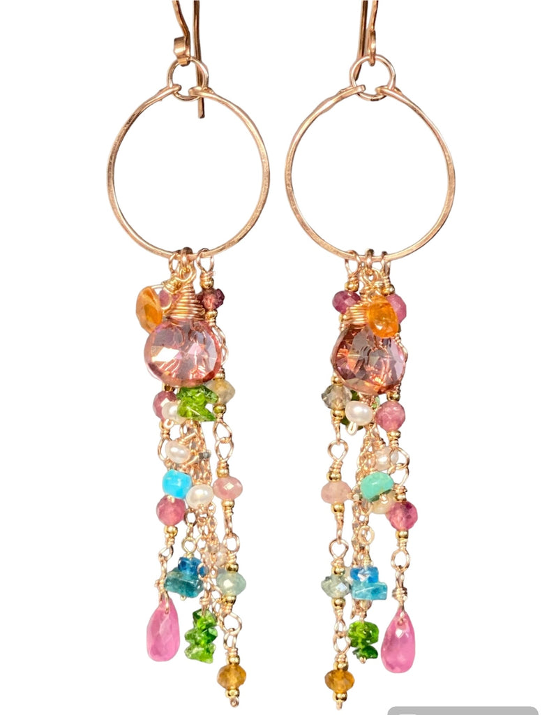 Mystic Pink Topaz Multicolor Gemstone Long Boho Dangle Earrings Rose Gold