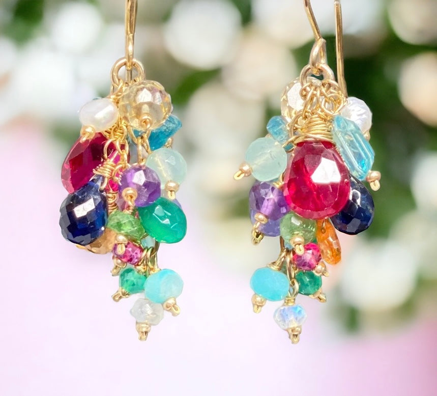Rainbow Gemstone Cluster Dangle Earrings with Pink Red Topaz Gold Fill