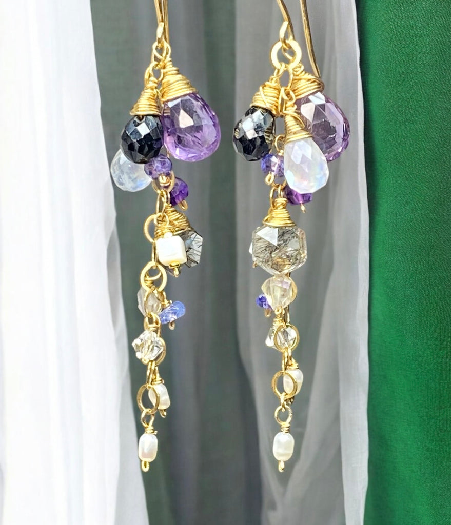 Amethyst, Scorolite, Black Spinel Long Dangle Earrings 3