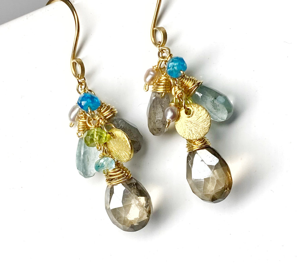 Moss Aquamarine and Labradorite Dangle Earrings Gold
