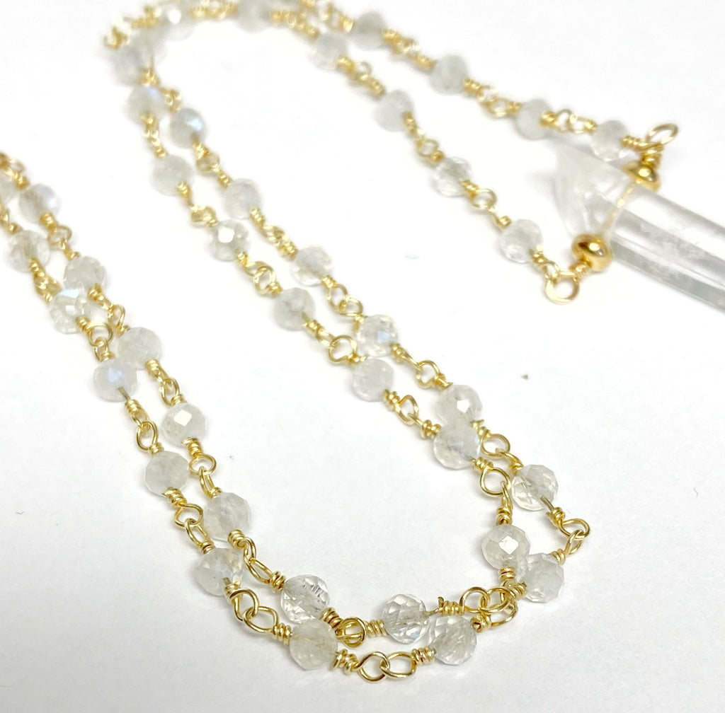 Dainty Rainbow Moonstone and Crystal Quartz Necklace Gold