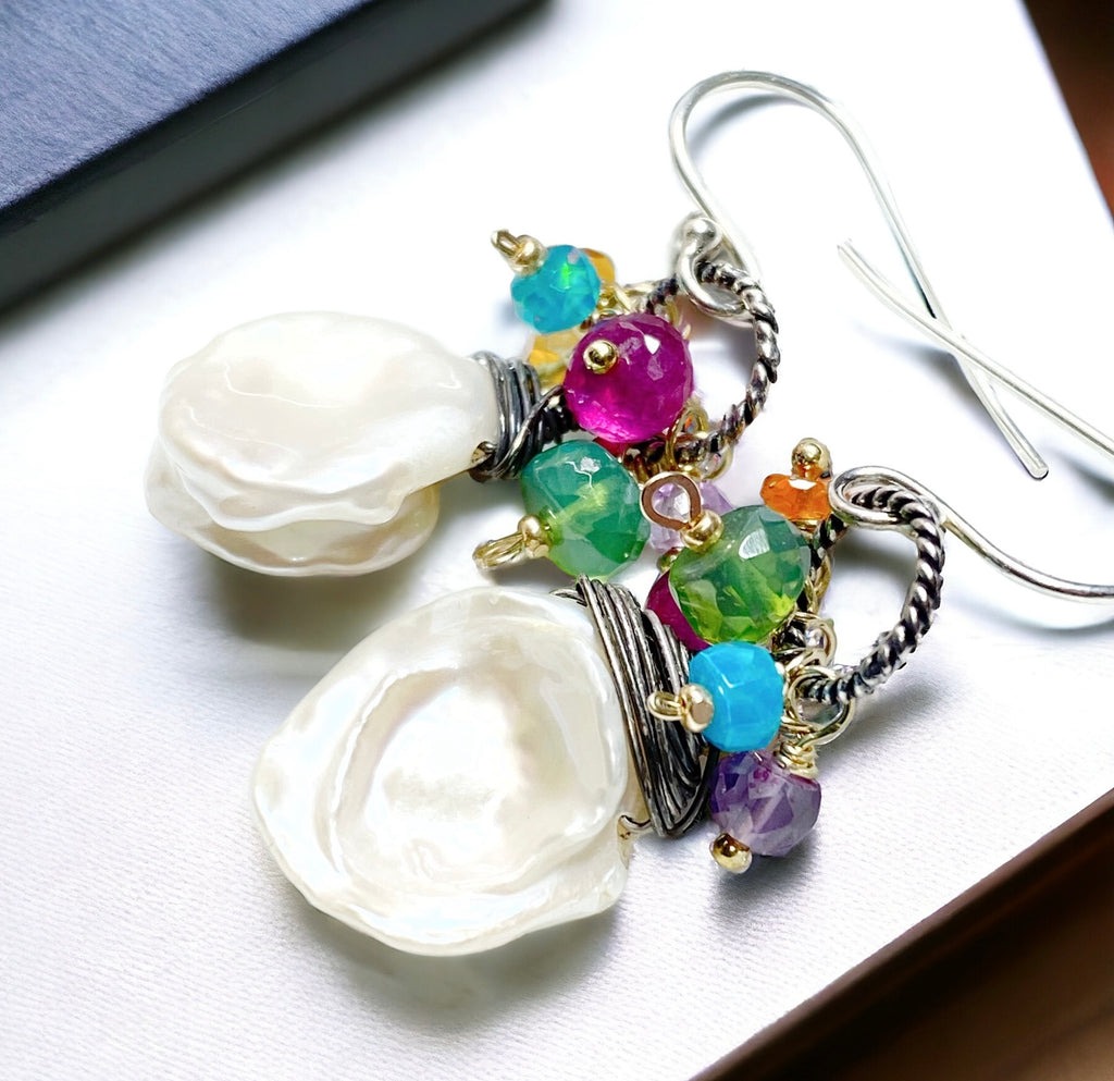 Keishi Pearl Earrings with Colorful Gems and Mixed Metals