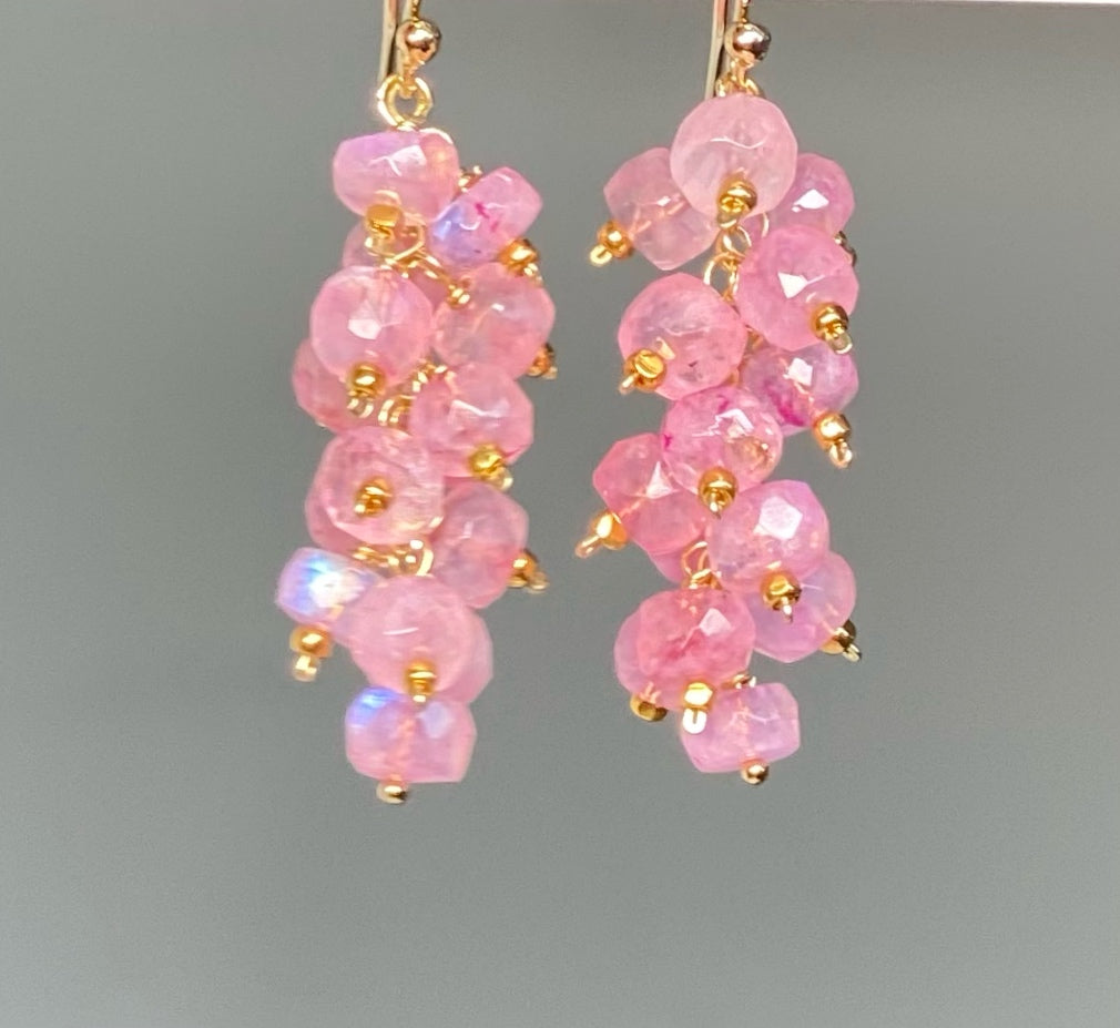 Pink Moonstone Cluster Tassel Earrings