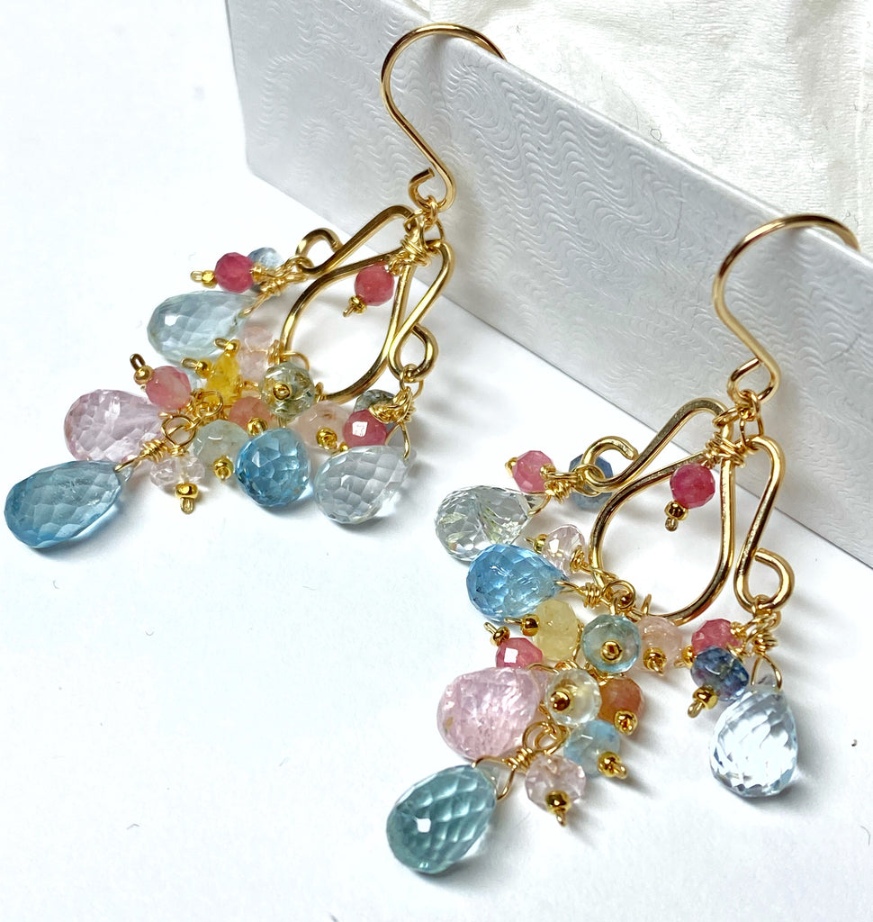 Gemstone Dangle Chandelier Earrings with Aquamarine in Gold Fill