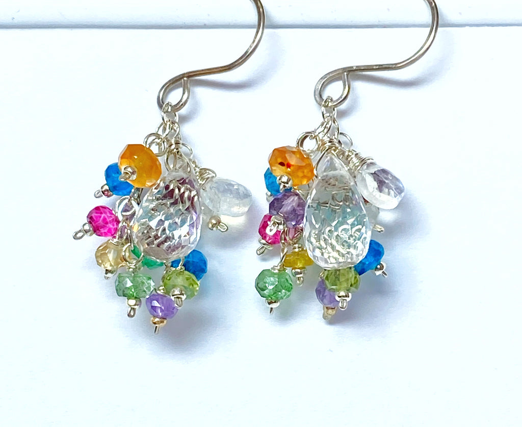 Crystal Quartz Dangle Earrings with Multi Gemstone Cluster Sterling Silver 9