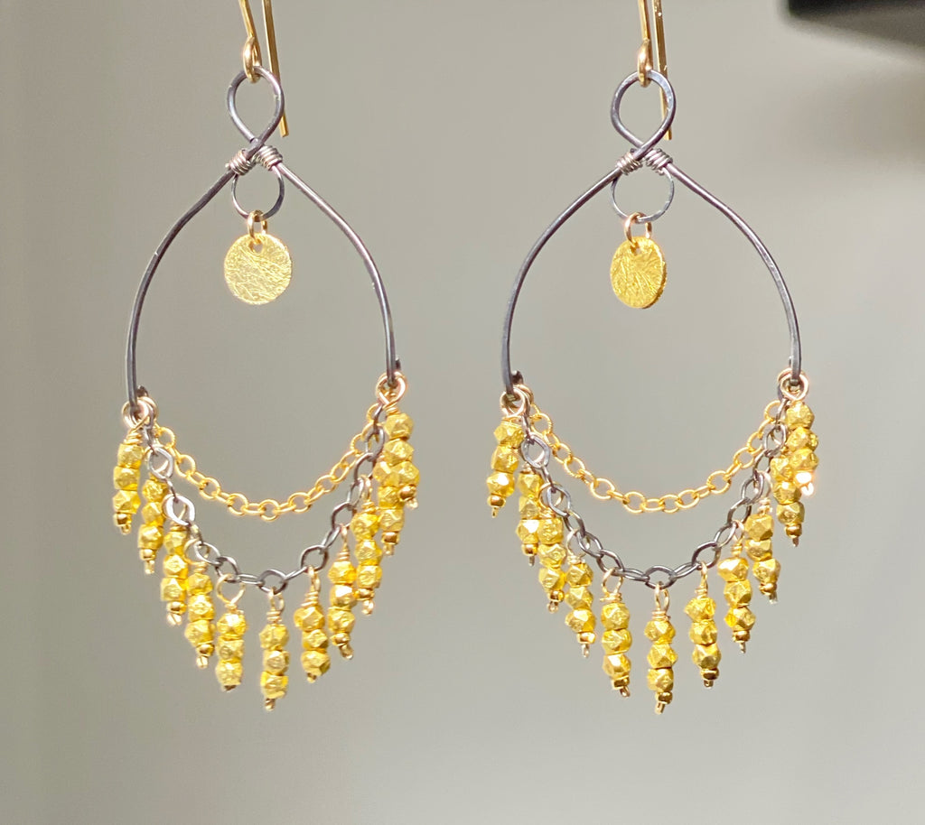 Gold and Black Chandelier Earrings in Mixed Metals