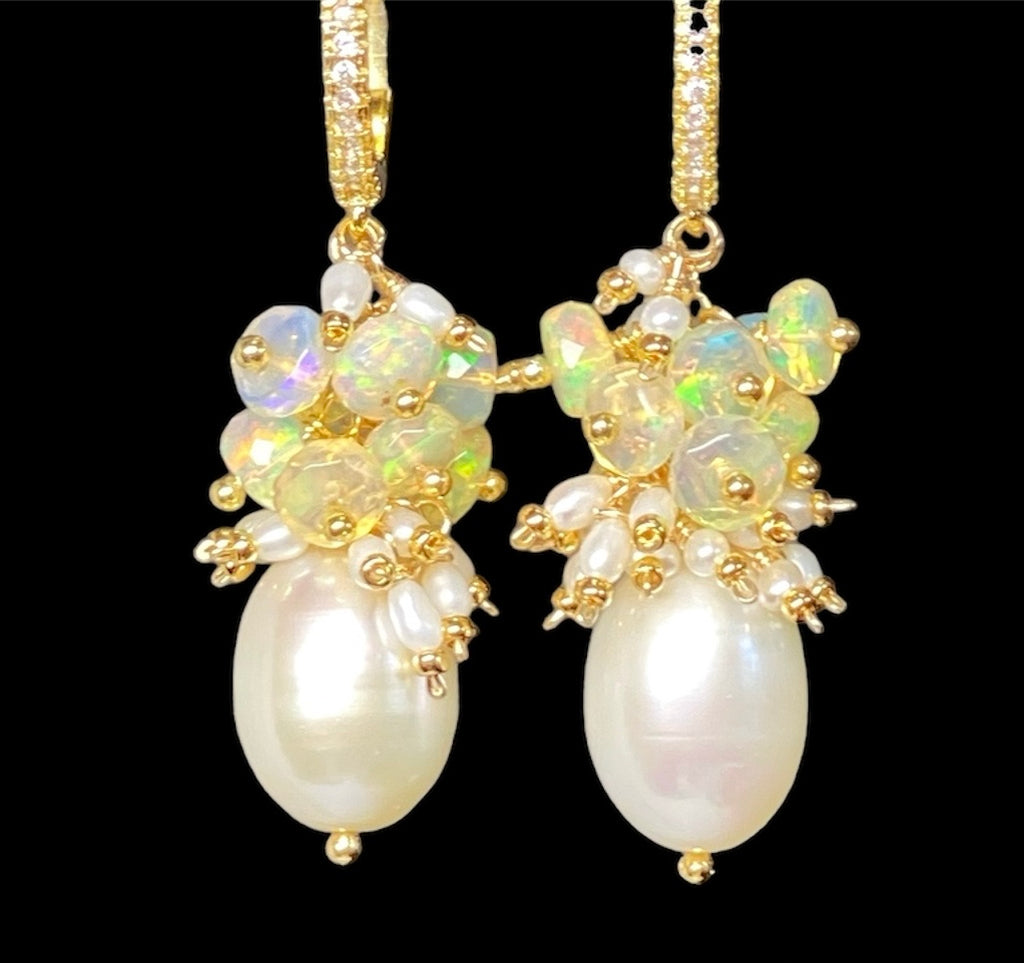 Pearl and Opal Cluster Earrings Gold