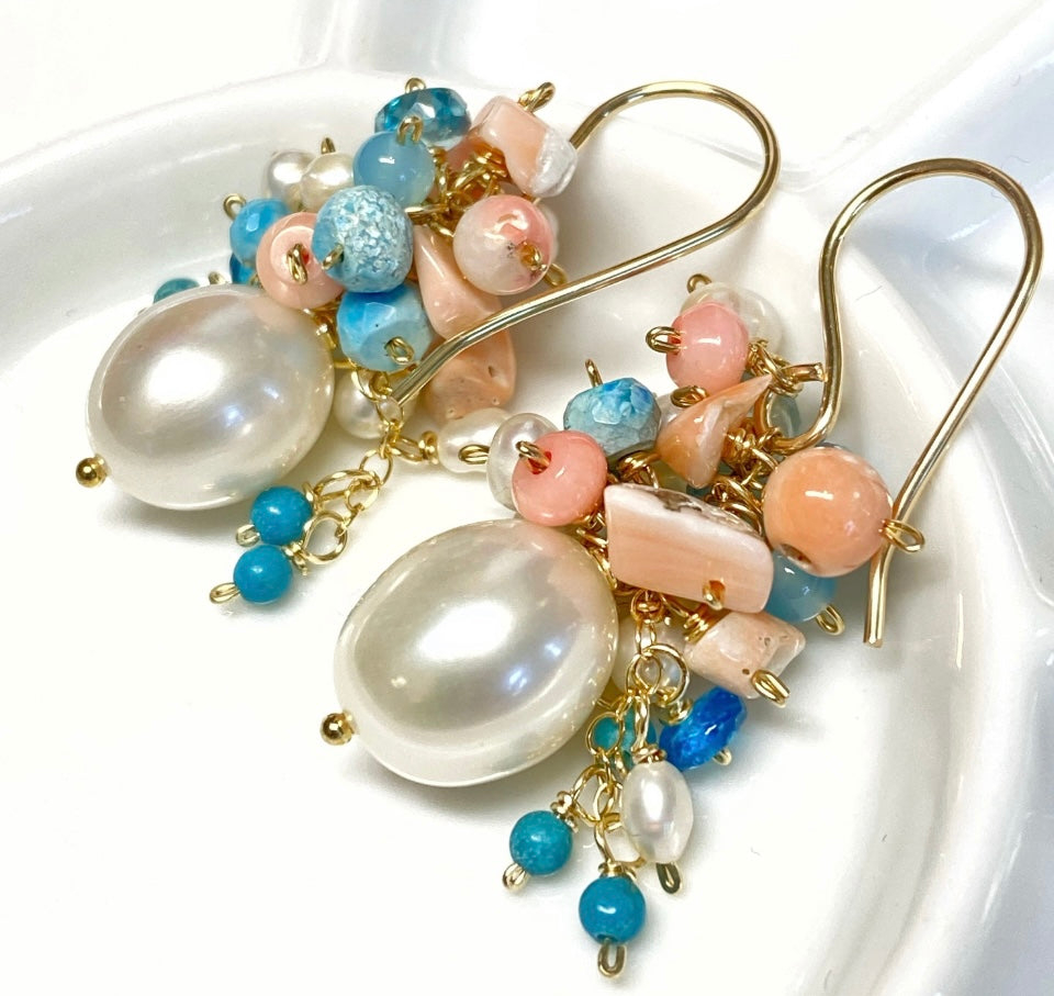 Turquoise Coral Pearl Cluster Earrings 2