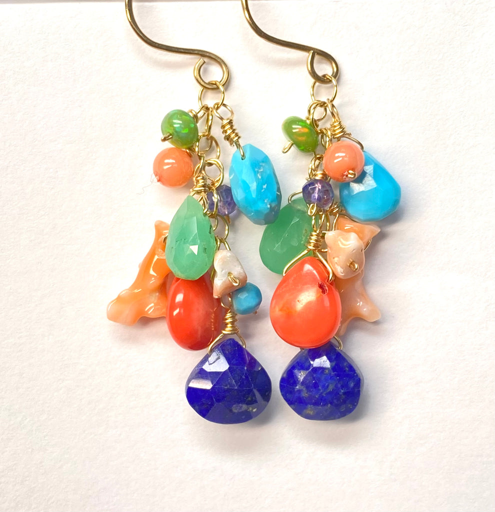 Multi Gemstone Gold Dangle Earrings Coral Blue Lapis Turquoise