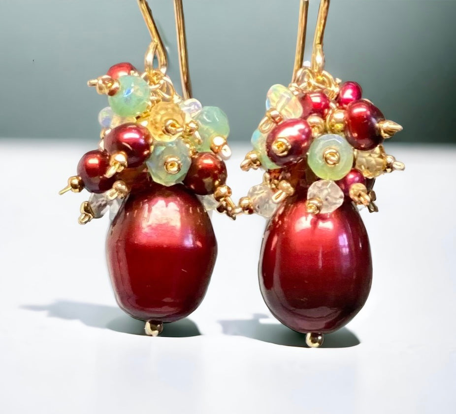 Red Pearl and Gemstone cluster Christmas earrings gold fill