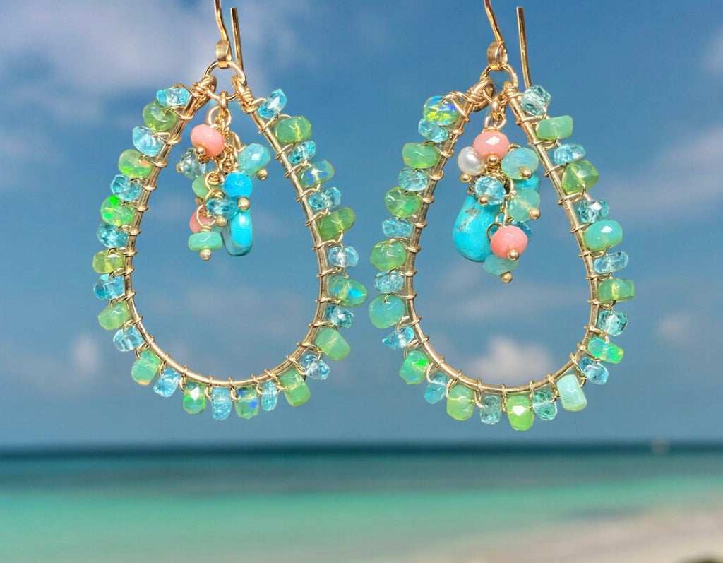 turquoise, apatite, Ethiopian opal gold filled handmade hoop chandelier earrings