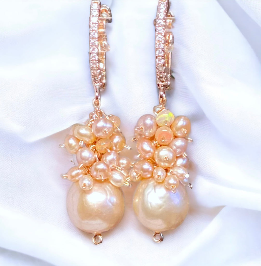 Pink Blush Pearl Cluster Earrings Rose Gold