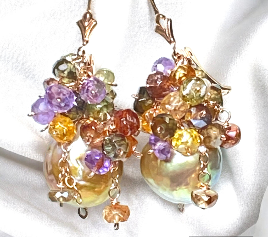 Multi Gemstone Cluster and Pond Slime Gold White Pearl Earrings Rose Gold