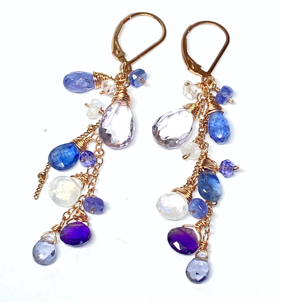 Blue Purple Gemstone Rose Gold Dangle Earrings with Tanzanite